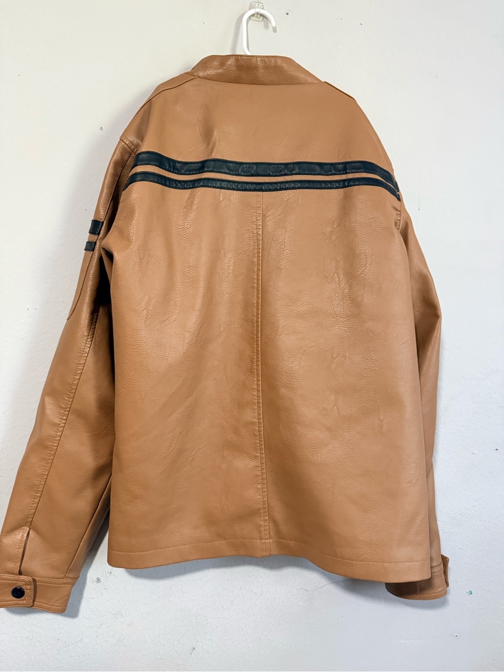 Men's Tan Faux Leather Bomber Jacket with Black Stripe